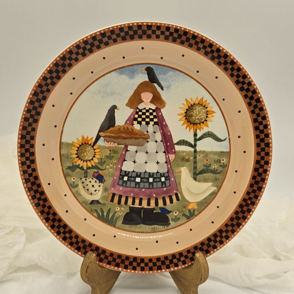 Williraye Studio 1999 Folk Art Plate 8” – Country Farm Woman Sunflower Plate